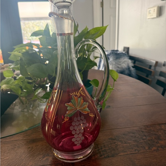 Vintage Hand-Painted Glass cranberry Decanter with Grape Design - Picture 2 of 14